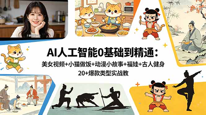 AI人工智能0基础到精通：美女视频+小猫做饭+动漫小故事+福娃+古人健身，20+爆款类型实战教学-止水留痕