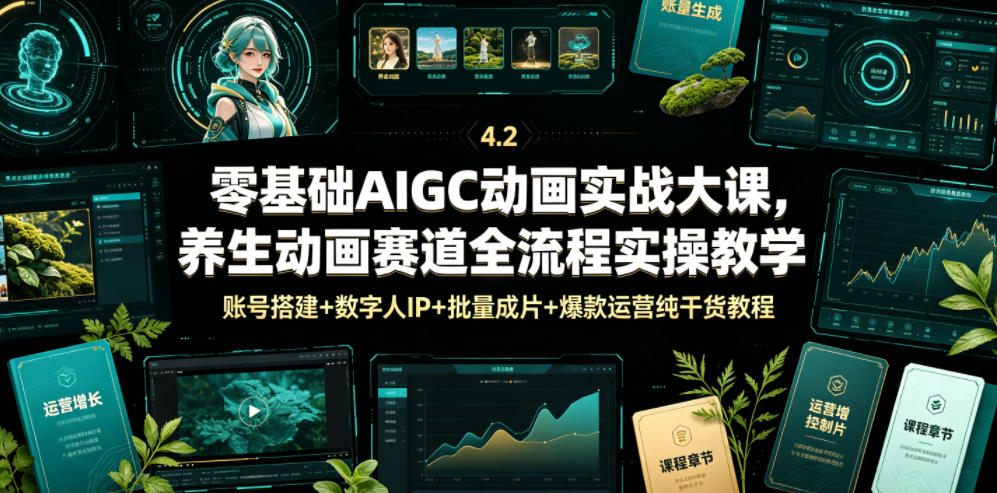 零基础AIGC动画实战大课，养生动画赛道全流程实操教学，账号搭建+数字人IP+批量成片+爆款运营纯干货教程-止水留痕