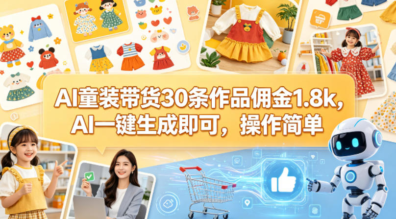 AI童装带货30条作品佣金1.8k，AI一键生成即可，操作简单-止水留痕