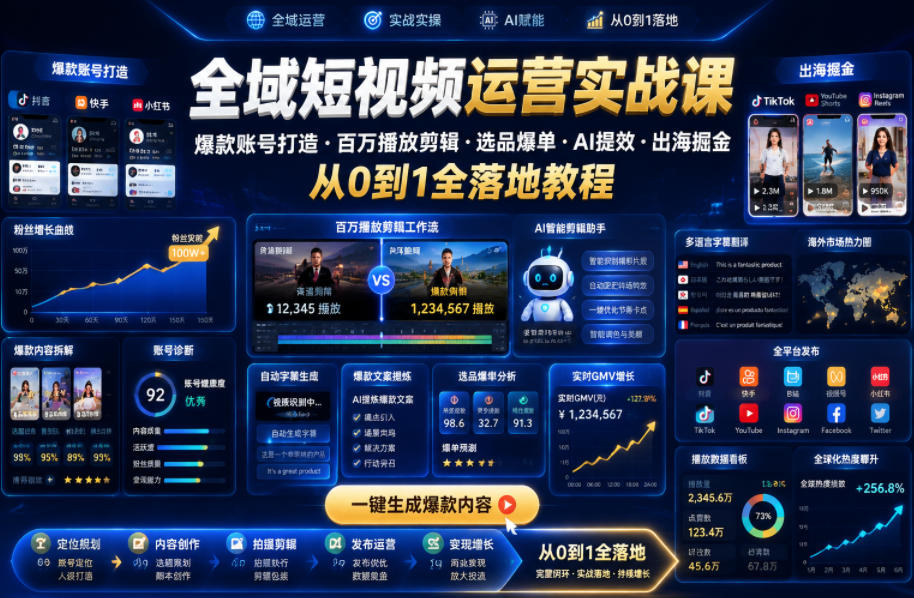 全域短视频运营实战课，爆款账号打造・百万播放剪辑・选品爆单・AI提效・出海掘金，从0到1全落地教程-止水留痕