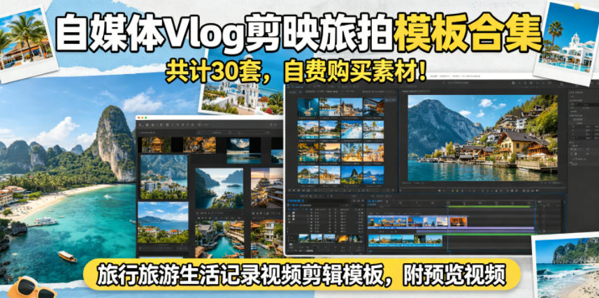 自媒体Vlog剪映旅拍模板合集，共计30套，自费购买素材！旅行旅游生活记录视频剪辑模板，附预览视频-止水留痕