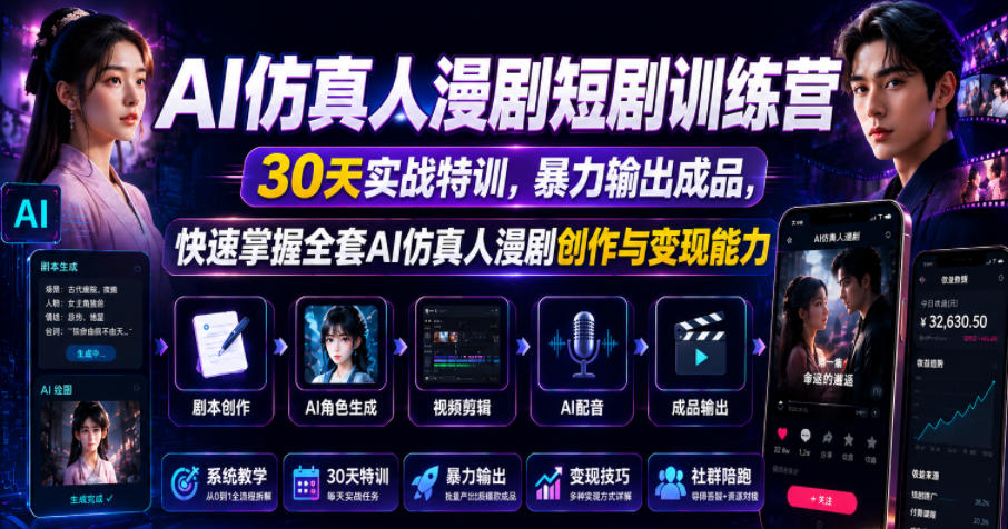 AI仿真人漫剧短剧训练营，30天实战特训，暴力输出成品，快速掌握全套AI仿真人漫剧创作与变现能力-止水留痕