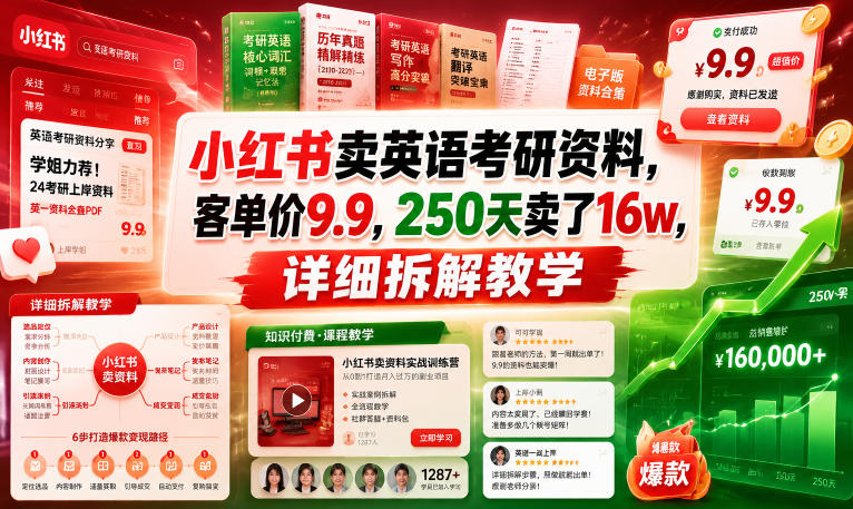 小红书卖英语考研资料，客单价9.9，250天卖了16w，详细拆解教学-止水留痕