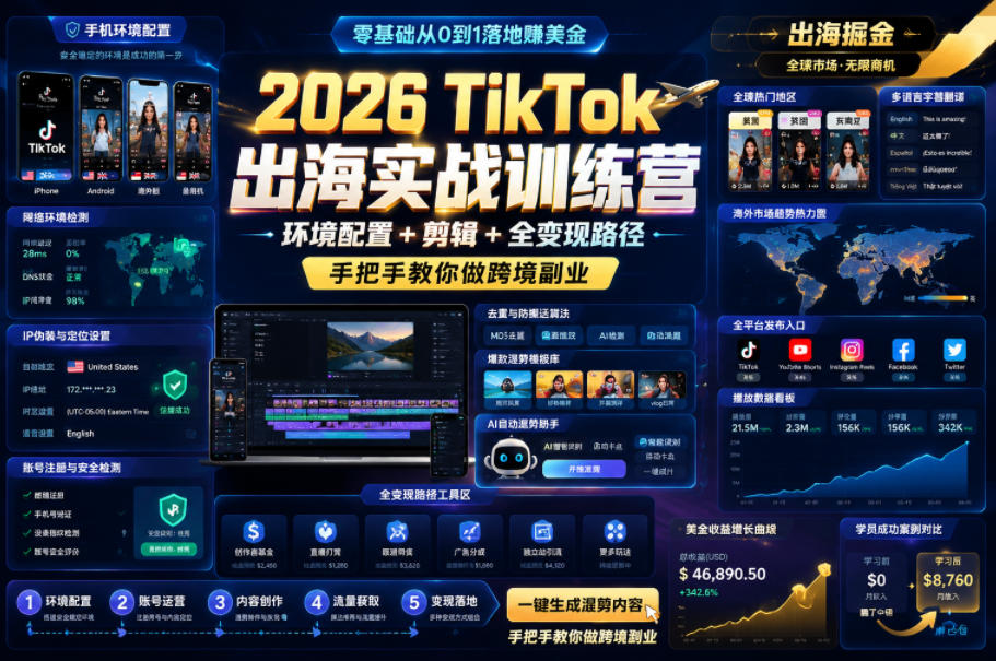 2026 TikTok出海实战训练营，环境配置 + 剪辑 + 全变现路径，手把手教你做跨境副业-止水留痕