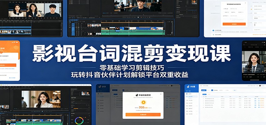 影视台词混剪变现课：零基础学习剪辑技巧，玩转抖音伙伴计划解锁平台双重收益-止水留痕