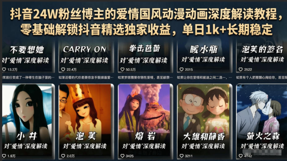 抖音24W粉丝博主的爱情国风动漫动画深度解读教程，零基础解锁抖音精选独家收益，单日1k+长期稳定-止水留痕