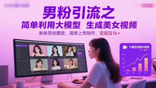 男粉引流之简单利用大模型生成美女视频，条条原创爆款，简单上传制作，变现日1k+-止水留痕