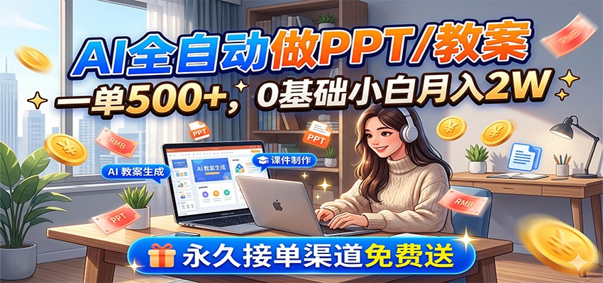AI全自动做PPT/教案，一单500+，0基础小白月入2W，永久接单渠道免费送-止水留痕
