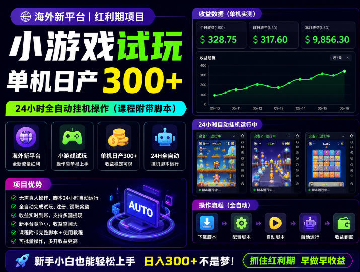 海外新平台，小游戏试玩，单机日产300+，24小时全自动挂G操作(课程附带脚本)【揭秘】-止水留痕