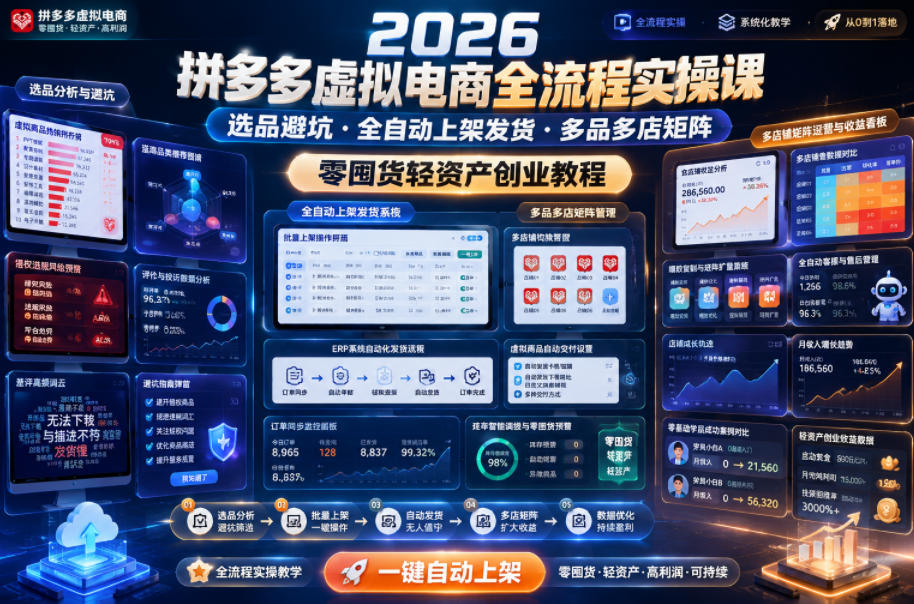 2026拼多多虚拟电商全流程实操课，选品避坑・全自动上架发货・多品多店矩阵，零囤货轻资产创业教程-止水留痕