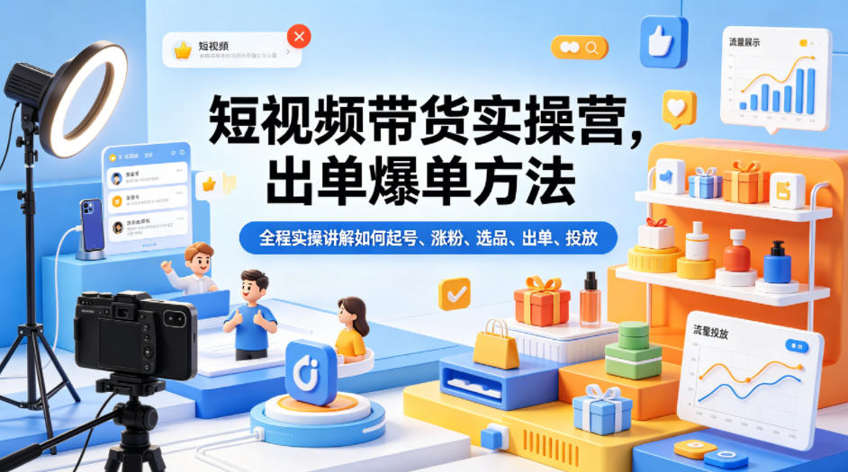 短视频带货实操营，出单爆单方法，全程实操讲解如何起号、涨粉、选品、出单、投放-止水留痕