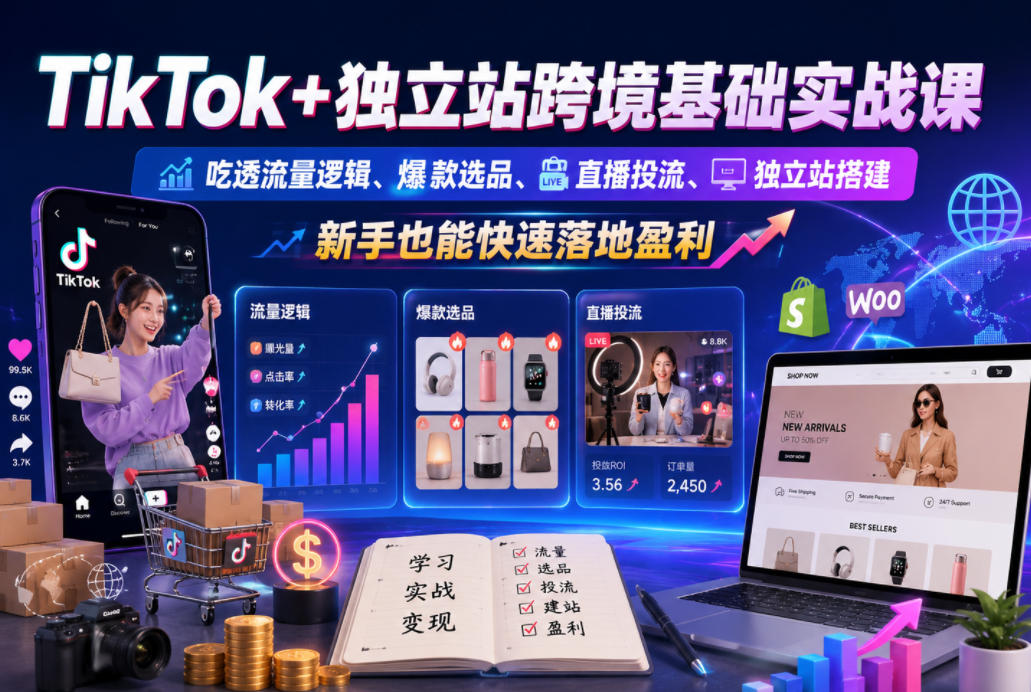 TikTok+独立站跨境基础实战课，吃透流量逻辑、爆款选品、直播投流与独立站搭建，新手也能快速落地盈利-止水留痕