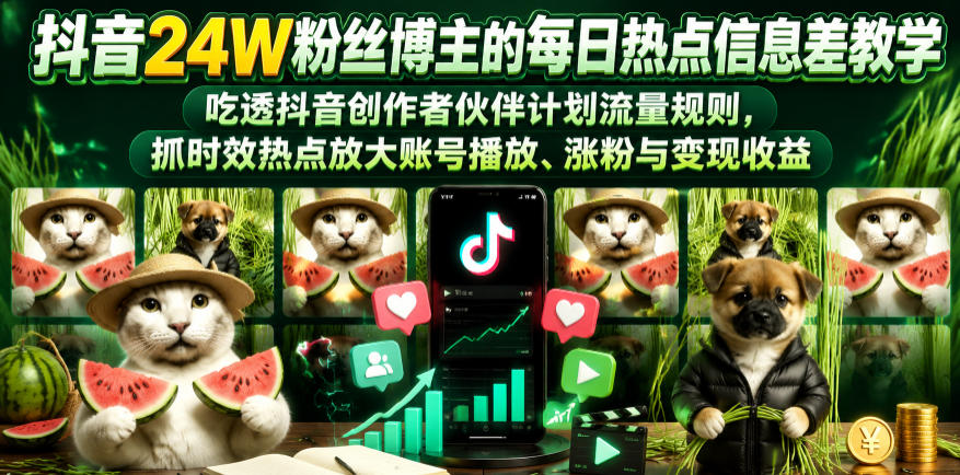 抖音24W粉丝博主的每日热点信息差教学，吃透创作者伙伴计划流量规则，抓时效热点放大账号播放、涨粉与变现收益-止水留痕